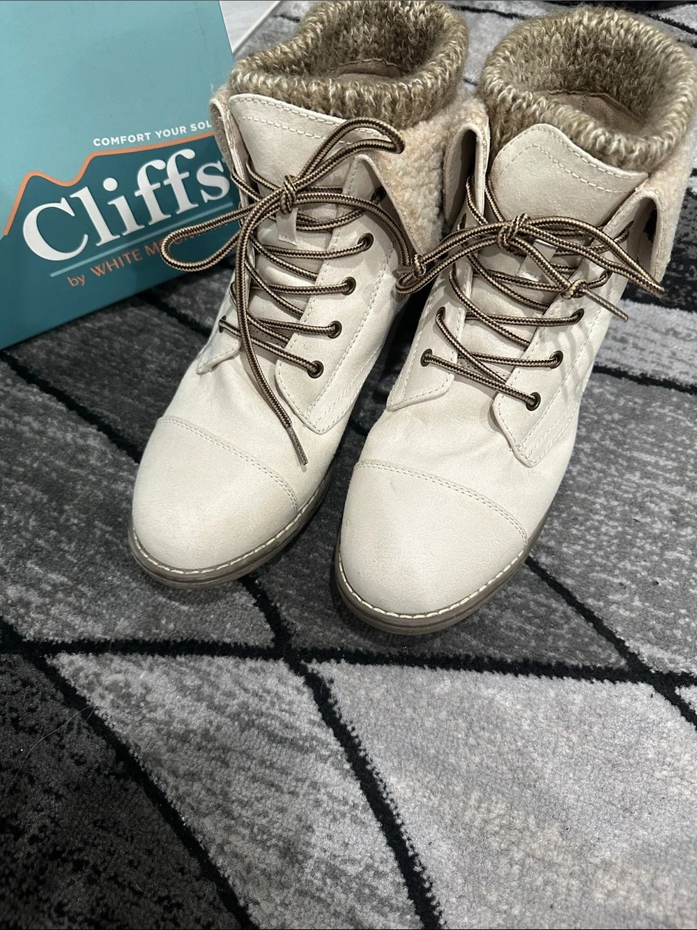 Cliffs by WHITE MOUNTAIN Cream and Brown Fold-Over Lace-Up Booties